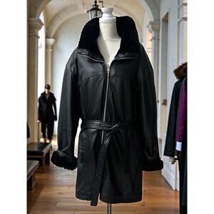 Wilsons Leather Black Jacket Faux Fur Trim Belted Zip Front Coat Womens 2X